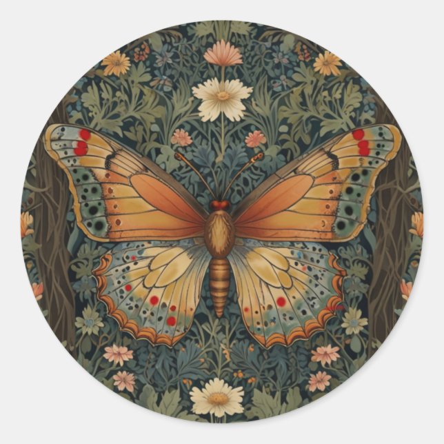 Elegantes Retro-Boho Schmetterling botanisches Grü Runder Aufkleber (Vorderseite)