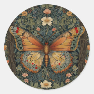 Elegantes Retro-Boho Schmetterling botanisches Grü Runder Aufkleber