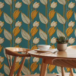 Elegantes Retro Floral Tapete in Aquamarin und Sen