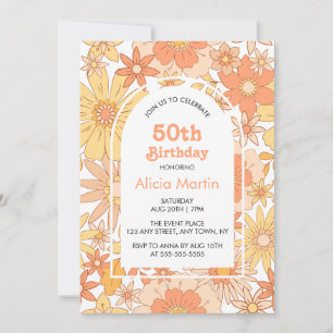 Elegantes Retro Orange Pfirsich Flora 50. Geburtst Einladung