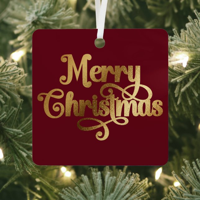 Elegantes Retro Rot und Gold Frohe Weihnachts-Foto Ornament Aus Metall (InSitu)