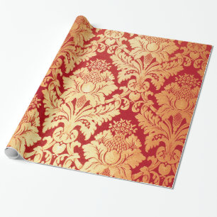 Elegantes Retro rotes Golddamast-Luxusmuster Geschenkpapier