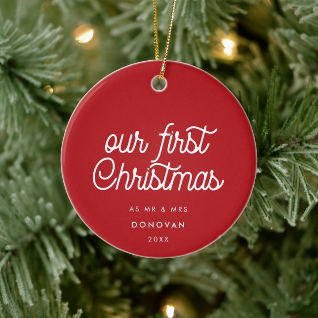 Elegantes Retro Unser erstes Weihnachtsrot-Foto Keramik Ornament (Baum)
