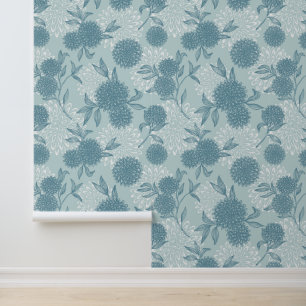 Elegantes Retro-Viburnum-Blumenmuster in Puderblau Tapete