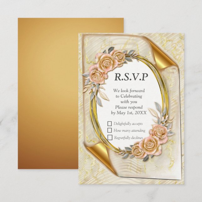 Elegantes Rippelcreme und Gold RSVP Karte (Vorne/Hinten)