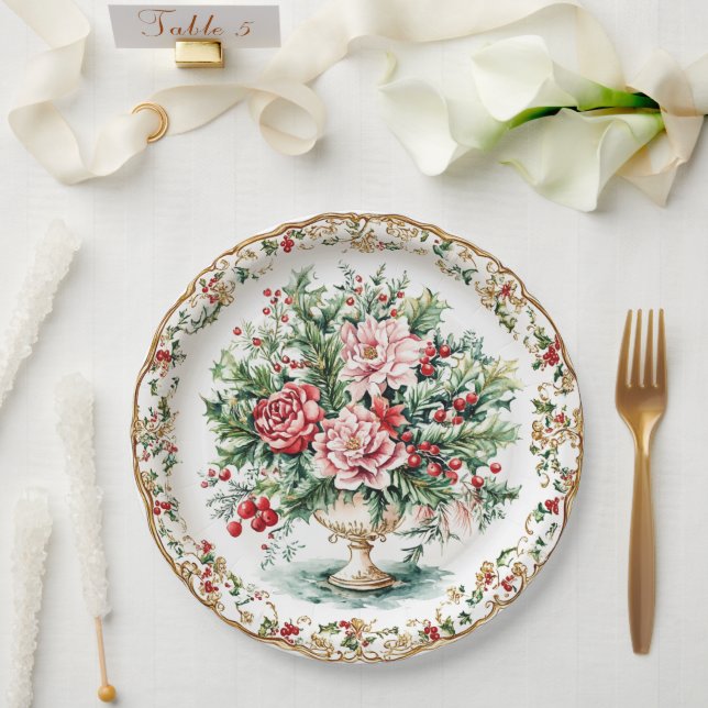 Elegantes Rokoko-Blumen- und Blatt-Weihnachtsgesch Pappteller (Hochzeit)