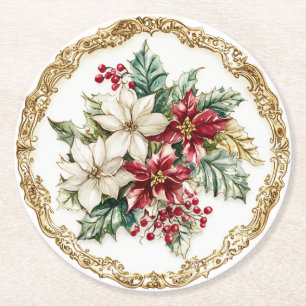 Elegantes Rokoko-Blumen-Weihnachtsstern-Feiertags- Runder Pappuntersetzer