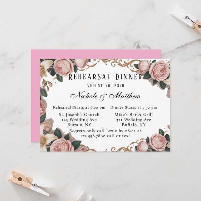 Elegantes Rokoko Peonies Probe Dinner Einladung (Vorderseite/Rückseite Beispiel)