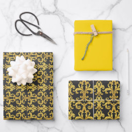 Elegantes Rokoko-Revival-Gold- und Holzkohle-Baroc Geschenkpapier Set