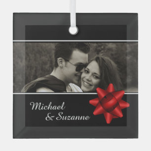 Elegantes Romantisches Custom Foto Red Ribbon Ornament Aus Glas
