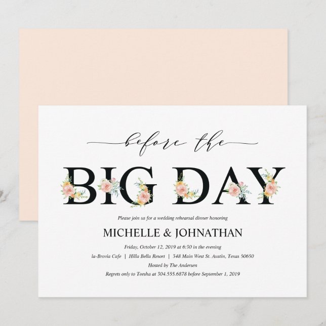 Elegantes romantisches Hochzeitsdinner Probe Einladung (Vorne/Hinten)