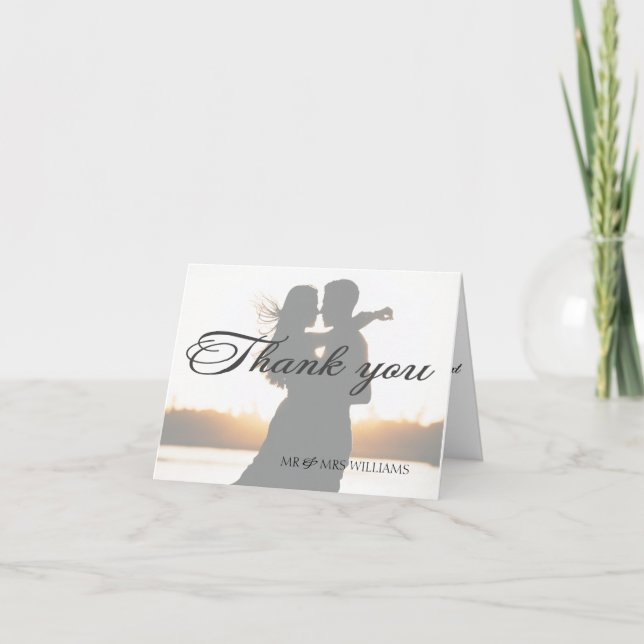 Elegantes romantisches kalligrafisches Foto Hochze Dankeskarte (Vorderseite)
