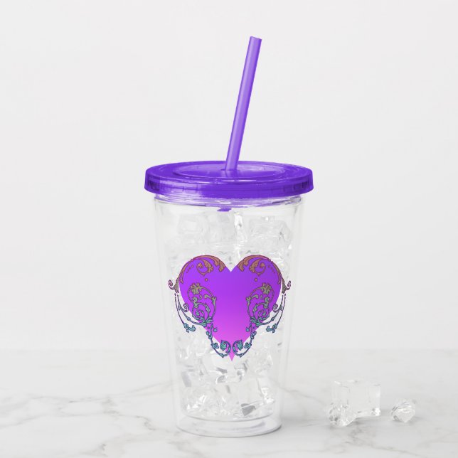 Elegantes, romantisches Lila Herz mit Blüh Acryltrinkbecher (Rückseite Ice)