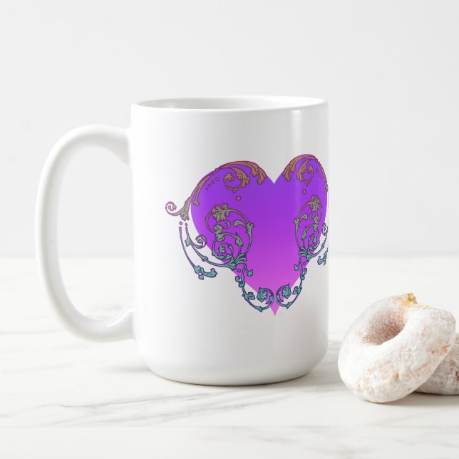 Elegantes, romantisches Lila Herz mit Blüh Kaffeetasse (Mit Donut)