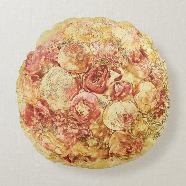 Elegantes romantisches Shabby Chic Cream & Pink Ro Rundes Kissen (Vorderseite)