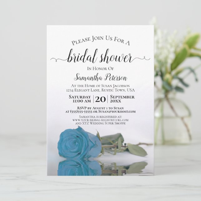 Elegantes Romantisches Türkisblau Rose Brautparty Einladung (Stehend Vorderseite)