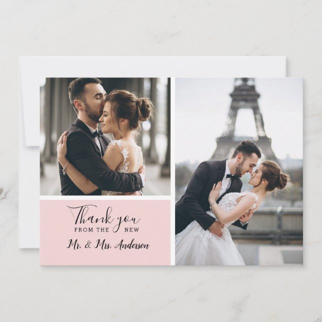 Elegantes Rosa 2 Foto Collage Wedding Dankeskarte (Vorderseite)