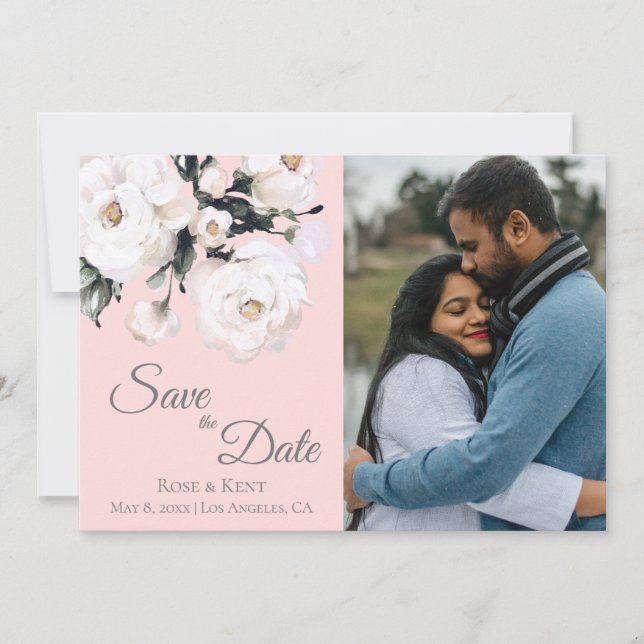 Elegantes Rosa 3 Foto Weiße Blumenhochzeit Save The Date (Vorderseite)