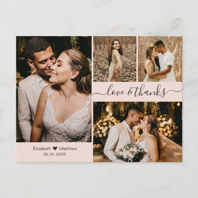 Elegantes Rosa 4 Foto Collage Wedding Vielen Dank Postkarte (Vorderseite)