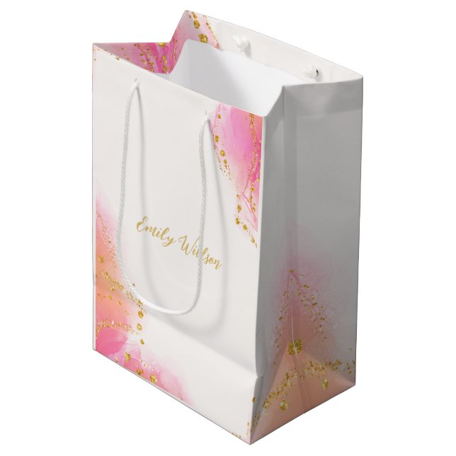 Elegantes Rosa Alcolol Ink Gold Glitzer Party Mittlere Geschenktüte (Vorderseite Schrägansicht)