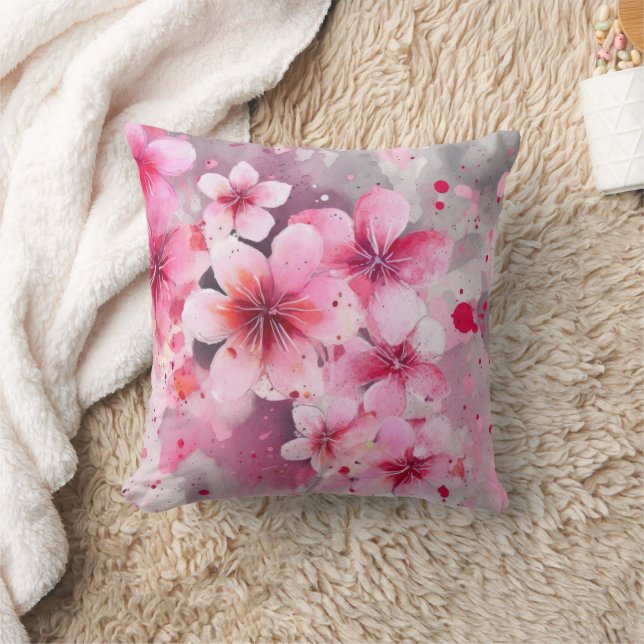 Elegantes Rosa Aquarell Blumengrau Kissen (Decke)