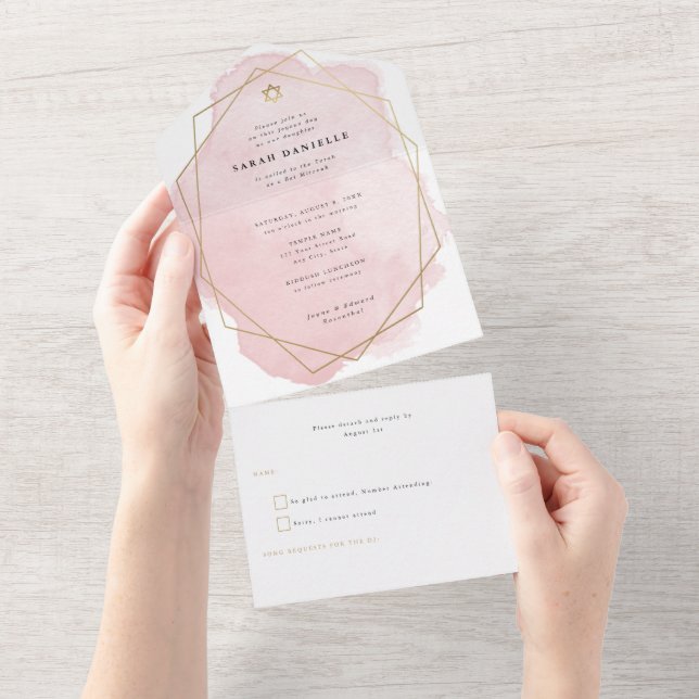 Elegantes rosa Aquarell Gold Rahmen Bat Mitzvah All In One Einladung (Abreißen)