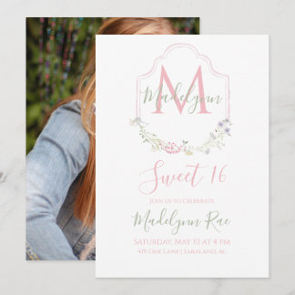 Elegantes rosa Aquarellfarbenmonogramm Sweet 16 Einladung