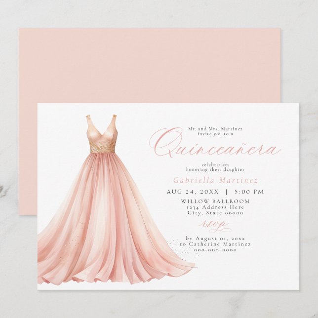 Elegantes Rosa Ätherisches Kleid Quinceanera Einladung (Vorne/Hinten)