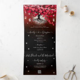 Elegantes Rosa auf Black Heart Leaf Hochzeit Dreifach Gefaltete Einladung