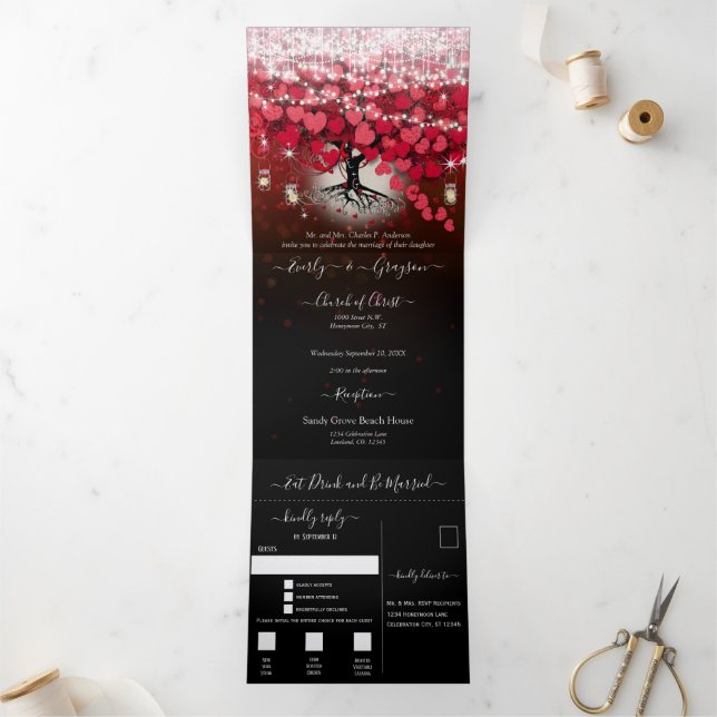 Elegantes Rosa auf Black Heart Leaf Hochzeit Dreifach Gefaltete Einladung (Innenseite)