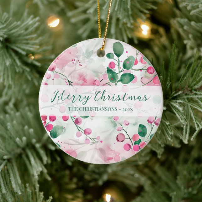 Elegantes Rosa Berries Weihnachten Keramik Ornament (Baum)