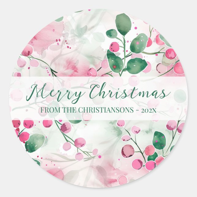 Elegantes Rosa Berries Weihnachten Runder Aufkleber (Vorderseite)