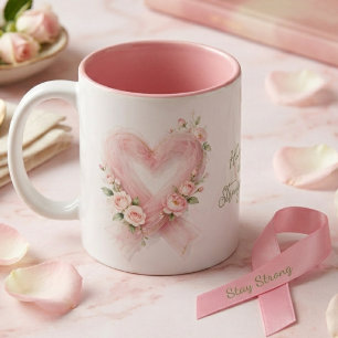 Elegantes Rosa-Bewusstseinsband-Herz-Blumenmuster Zweifarbige Tasse