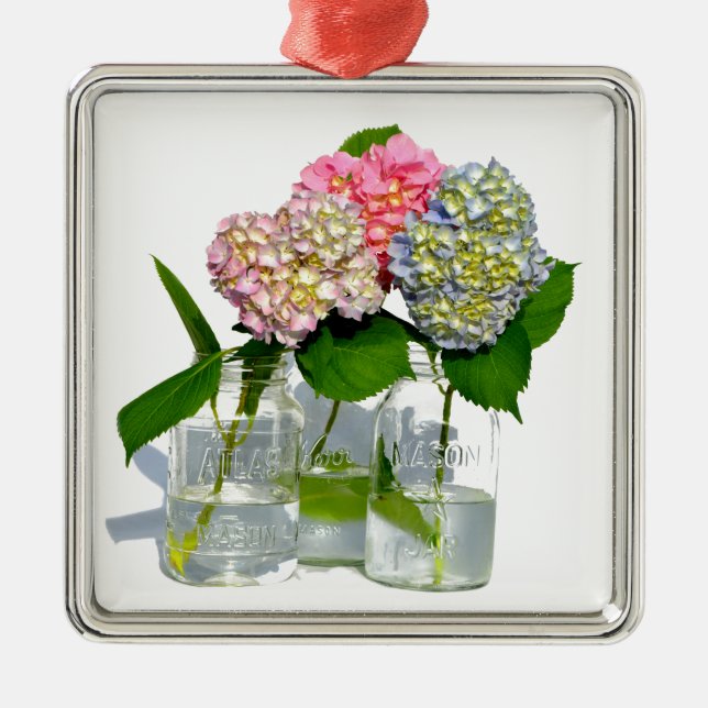 Elegantes rosa blaues grünes Hydrangea Silbernes Ornament (Vorne)