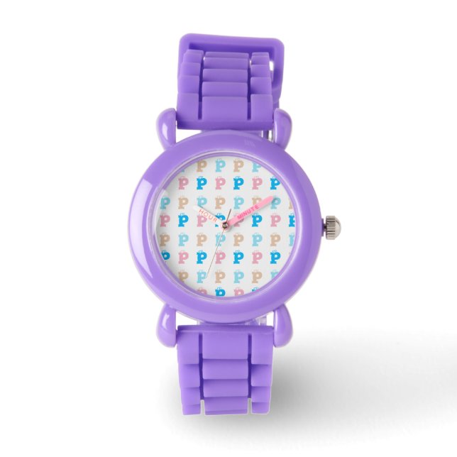 Elegantes rosa blaues Mit Monogramm Fun Letters Mu Armbanduhr (Vorderseite)