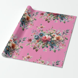 Elegantes rosa-blaues Wildblumenstrauß-Design. Geschenkpapier