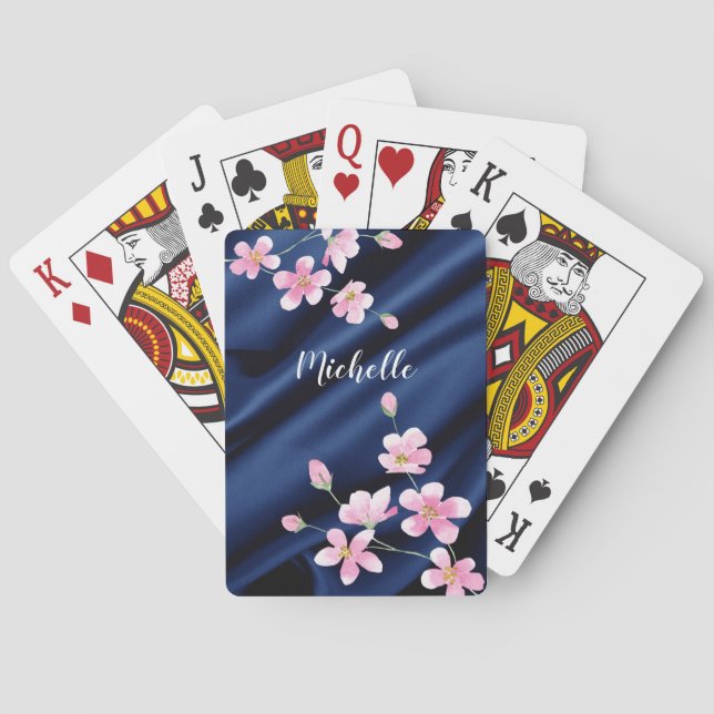 Elegantes rosa Blossom Personalisiertes blaues Sat Spielkarten (Rückseite)