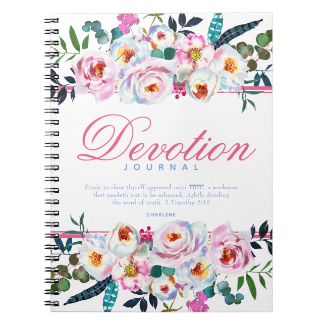 Elegantes Rosa Blue Floral Named Devotion Journal Notizblock (Vorderseite)