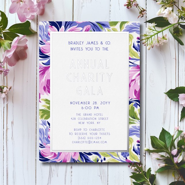 Elegantes Rosa Blue Floral Wohltätigkeit Event Gal Folieneinladung (Von Creator hochgeladen)