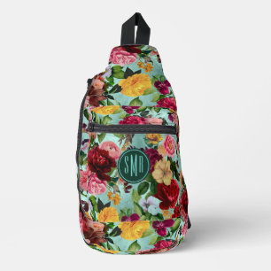 Elegantes rosa Blume Aqua Mustermonogramm gedruckt Crossbody Bag