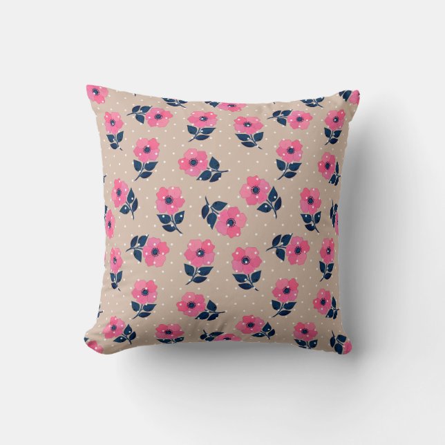 Elegantes rosa Blume Beige Polka Dots Muster Kissen (Vorderseite)