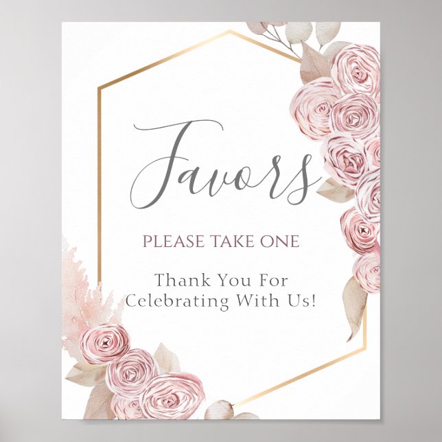 Elegantes Rosa Blume Gold Gastgeschenk Hochzeit Ze Poster (Vorne)