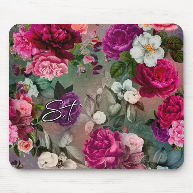 Elegantes rosa Blume, graues Monogramm Mousepad (Vorne)