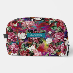 Elegantes rosa Blume rotes Muster Monogramm Waschbeutel