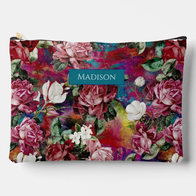 Elegantes rosa Blume rotes Muster Monogramm Zubehörtasche (Vorderseite)