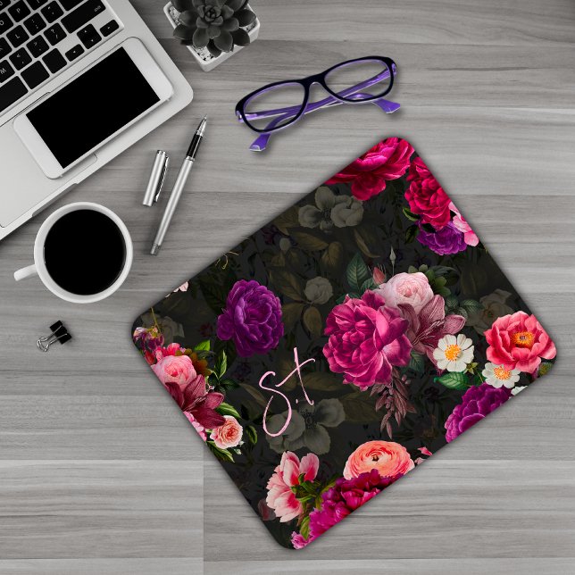 Elegantes rosa Blume schwarzes Monogramm Mousepad (Von Creator hochgeladen)