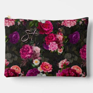 Elegantes rosa Blume schwarzes Monogramm Zubehörtasche
