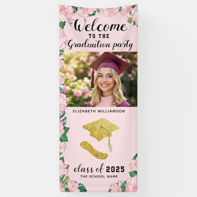 Elegantes Rosa Blumen Ein Foto Willkommener Abschl Banner (Vertikal)