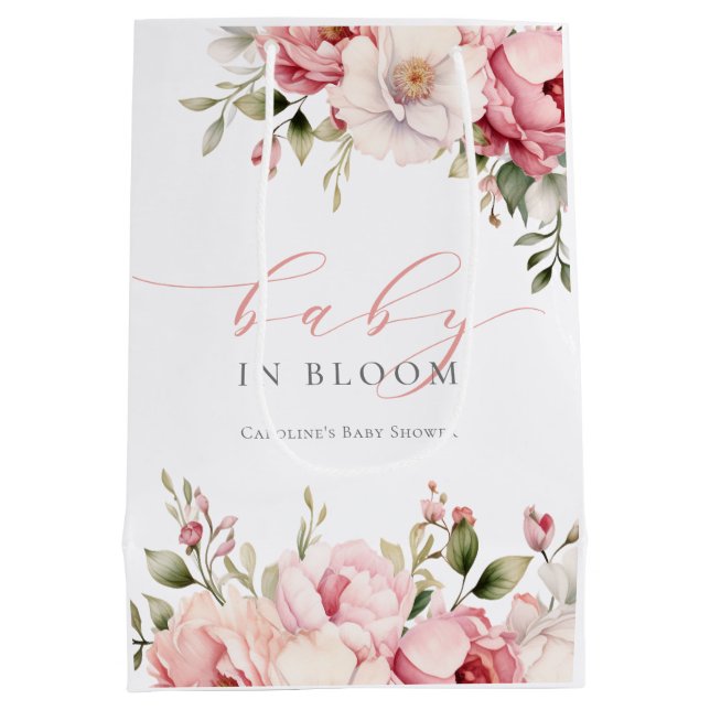 Elegantes rosa Blumenbaby in Bloom Girl Baby Showe Mittlere Geschenktüte (Rückseite)