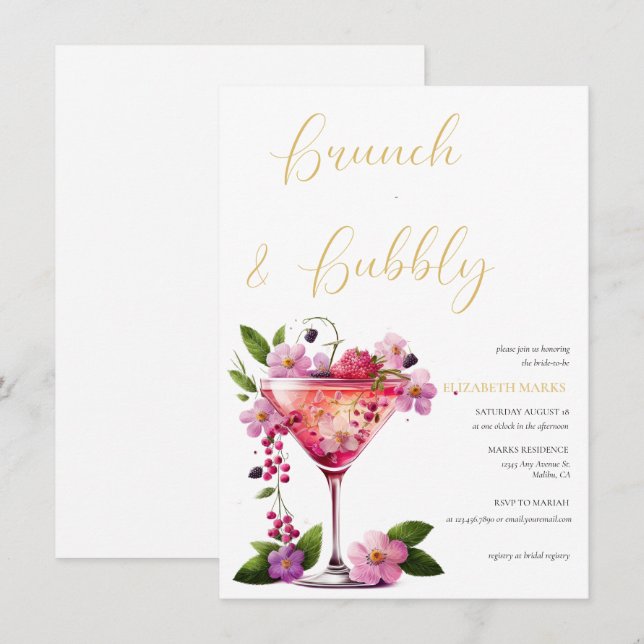 Elegantes rosa Blumenbrunch & Bubbly Brautparty Einladung (Vorne/Hinten)